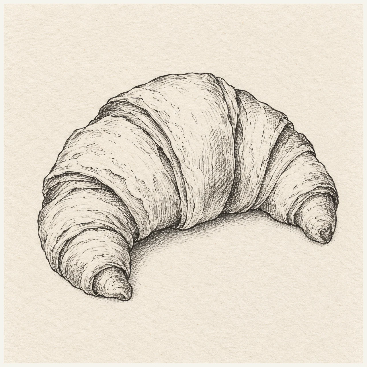 One curved croissant in three-quarter view, broad middle and two tapered ends, with overlapping dough bands. Black and gray fineliner drawing on warm textured sketchbook paper.