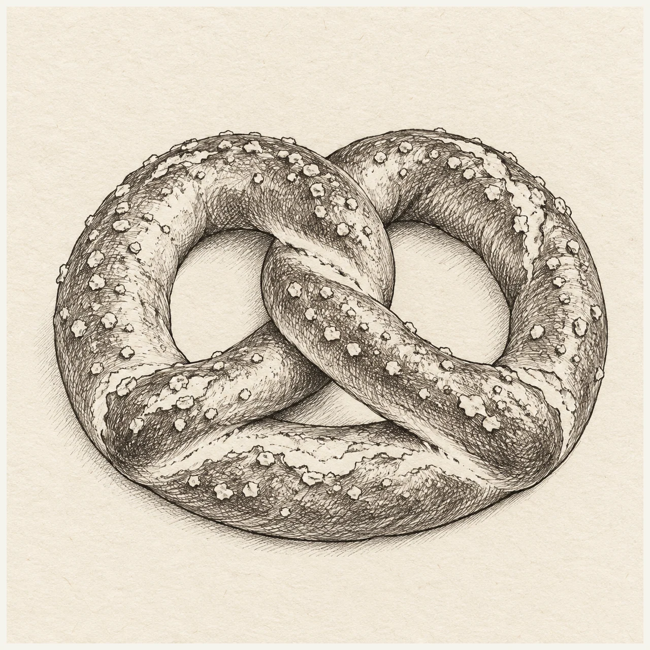 One soft pretzel viewed from slightly above with a coherent continuous dough loop crossing once in the middle. Black and gray fineliner drawing on warm textured sketchbook paper.