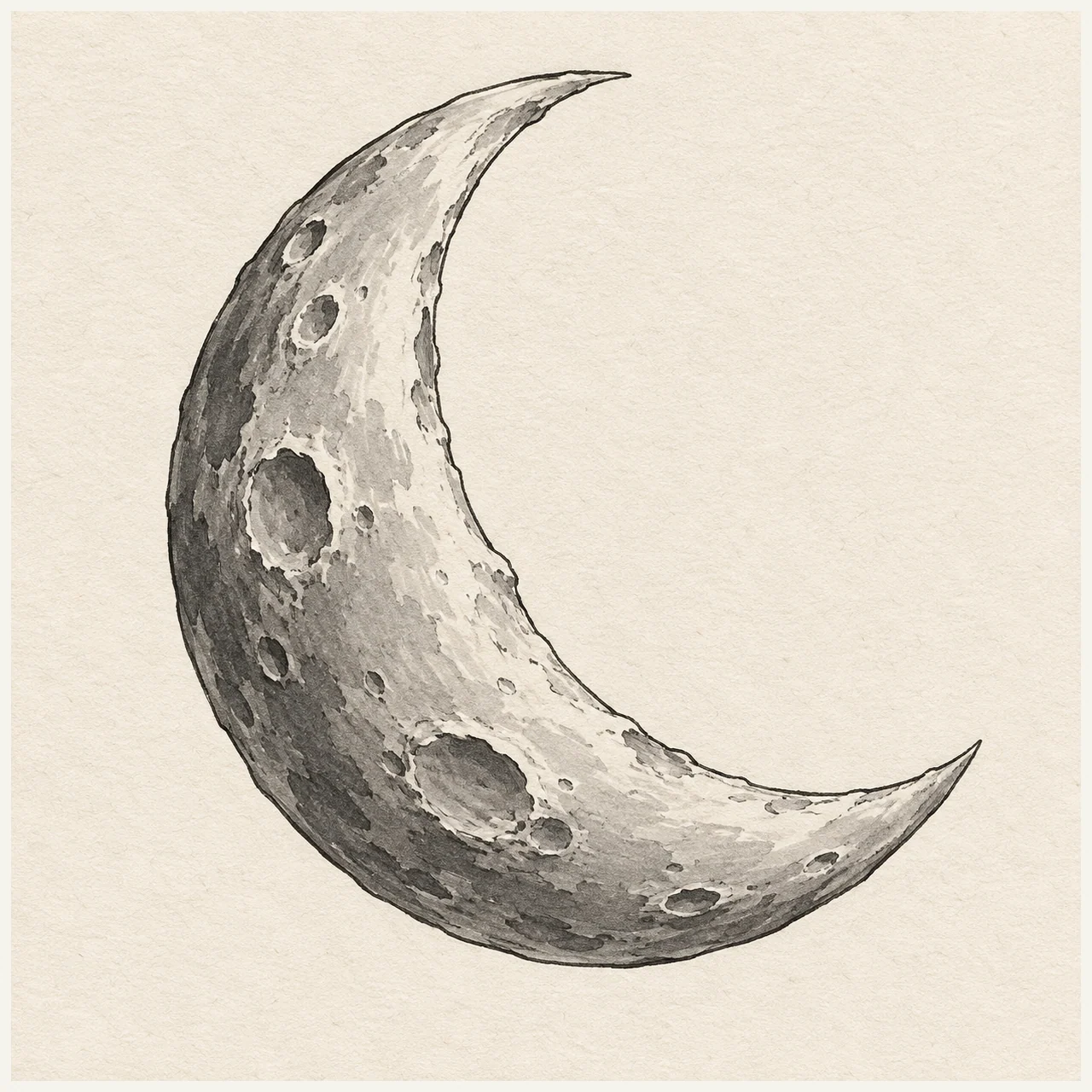 Moon drawn in black and gray marker on pale cream textured sketchbook paper, with a complete silhouette and open margins.