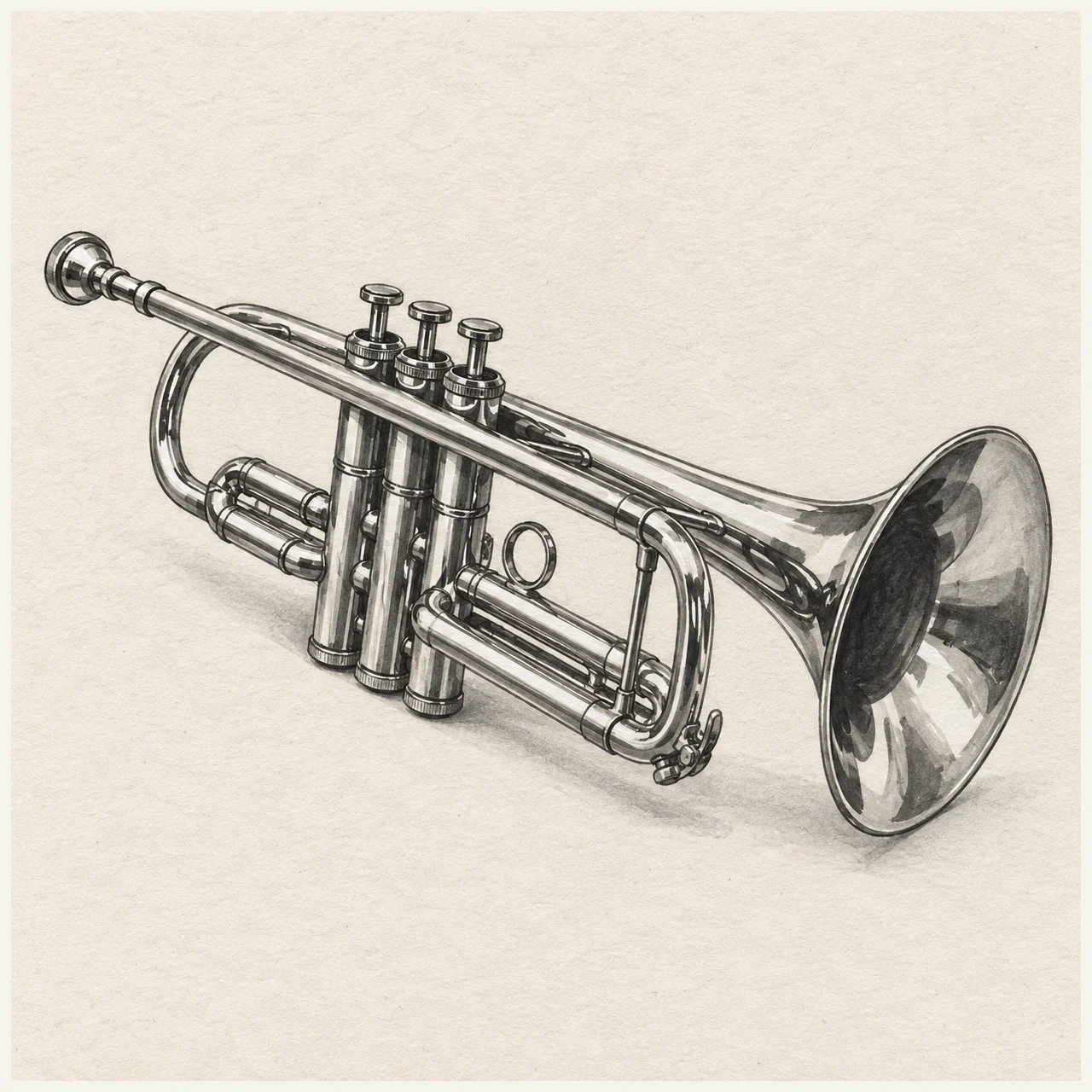 Detailed black and gray marker drawing of a trumpet with three valves, curved tubing and a flared bell on textured paper.