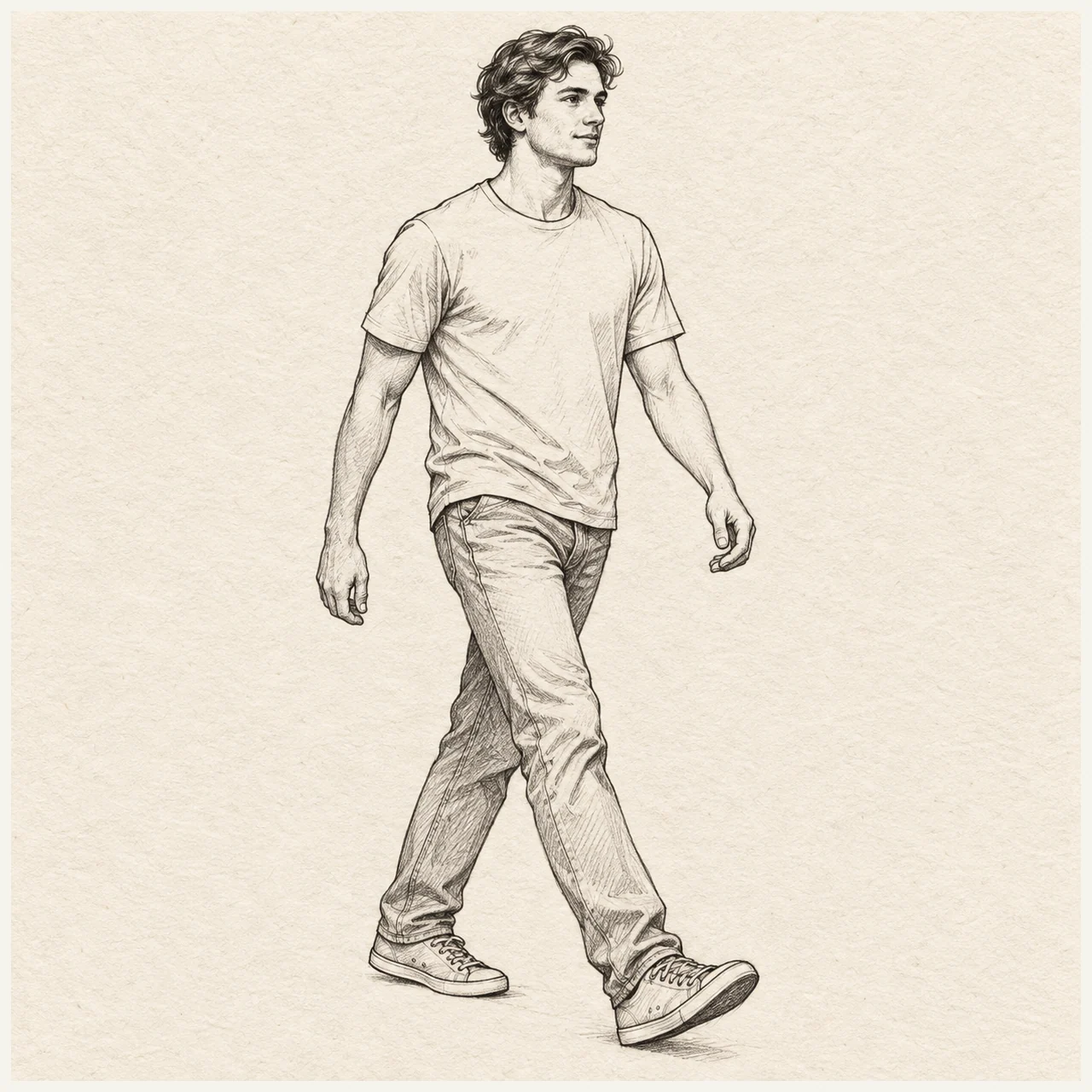 Walking person drawn in black and gray fineliner on pale cream textured sketchbook paper, with a complete silhouette and open margins.
