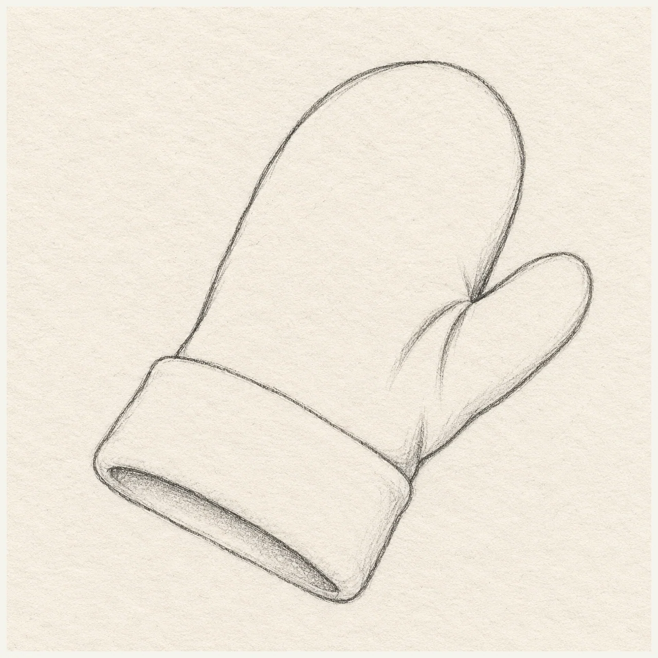 Graphite sketch of mitten on textured off-white paper, with thumb overlap and soft fabric.