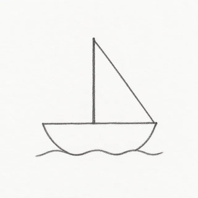A small sailboat in graphite pencil outlines, with a shallow hull, a straight mast, one triangular sail, and a wavy line at the water’s edge.