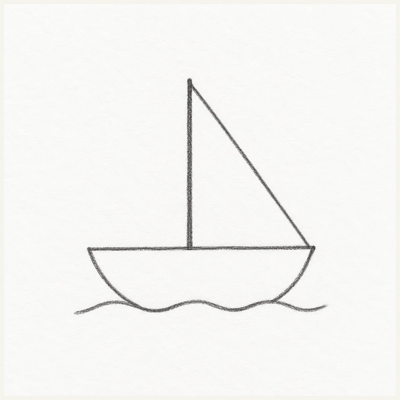 A small sailboat in graphite pencil outlines, with a shallow hull, a straight mast, one triangular sail, and a wavy line at the water’s edge.