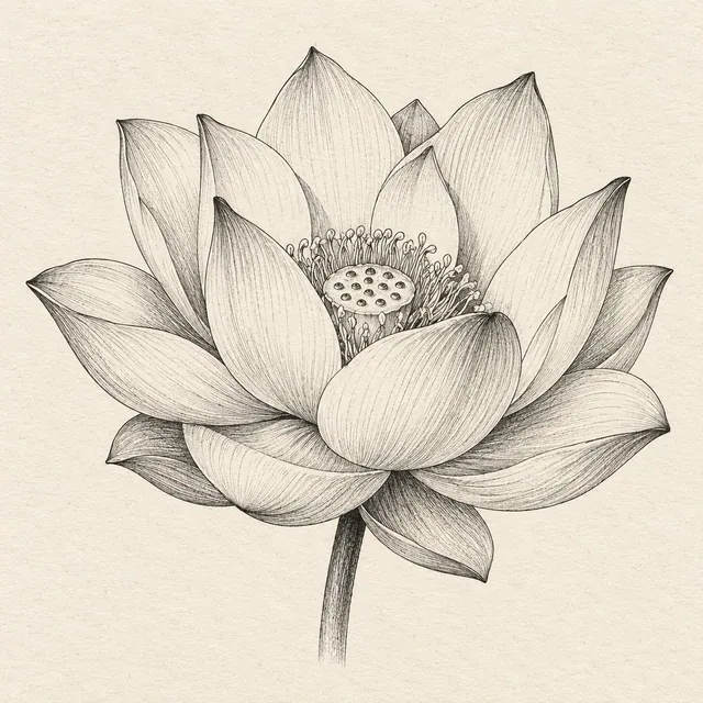 One open lotus flower in three-quarter view, layered broad petals and a short stem. Black and gray fineliner drawing on warm textured sketchbook paper.