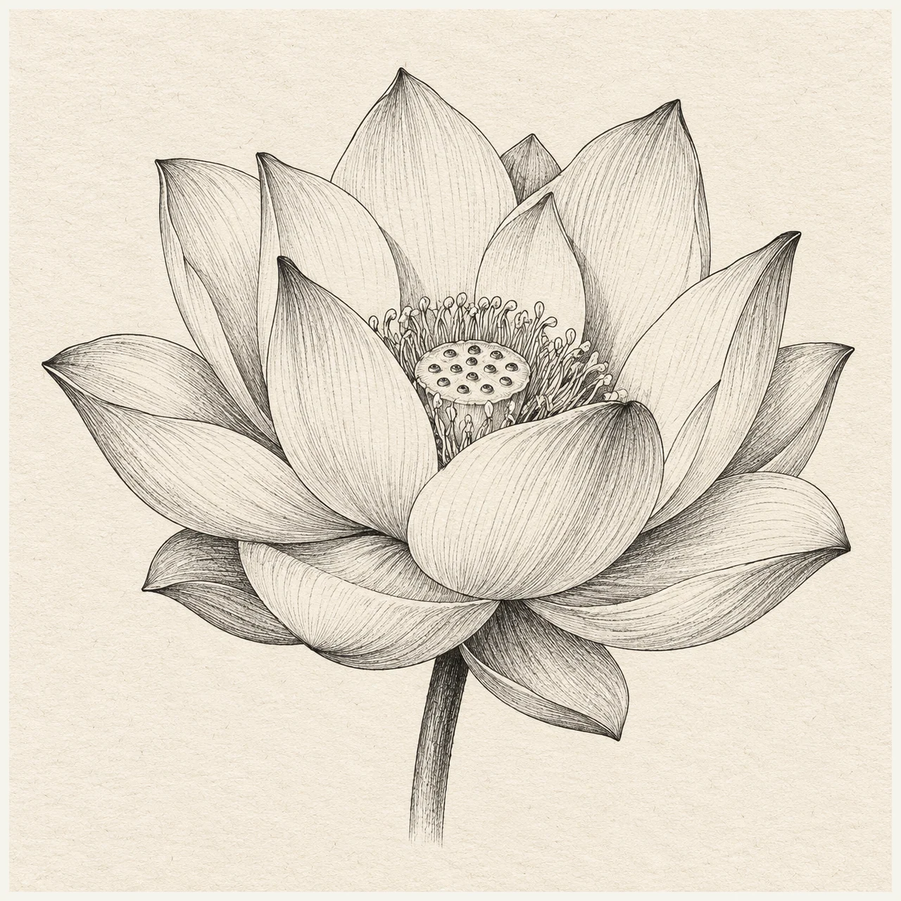 One open lotus flower in three-quarter view, layered broad petals and a short stem. Black and gray fineliner drawing on warm textured sketchbook paper.