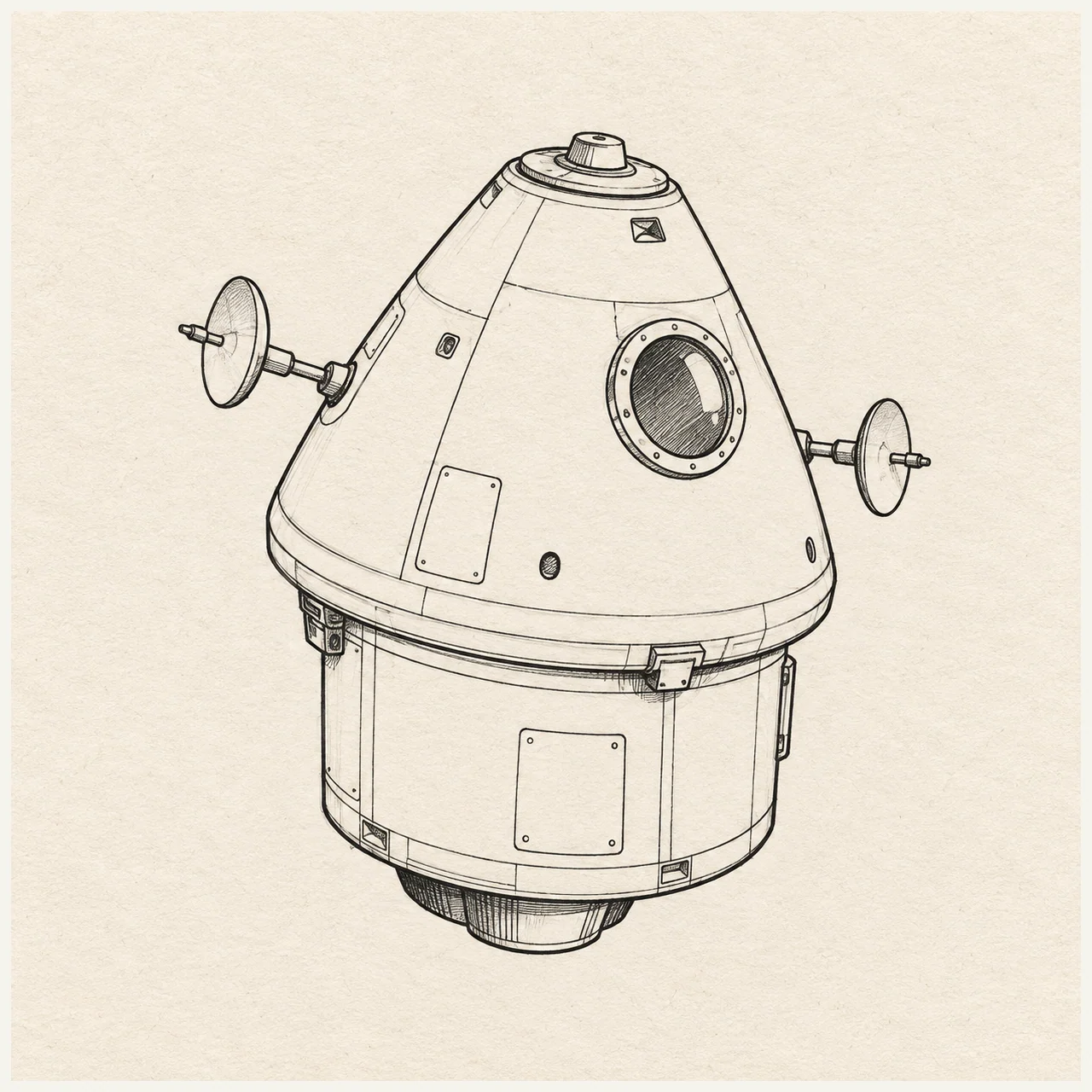 Space capsule with a round window and lower service module drawn in fineliner on warm textured paper.
