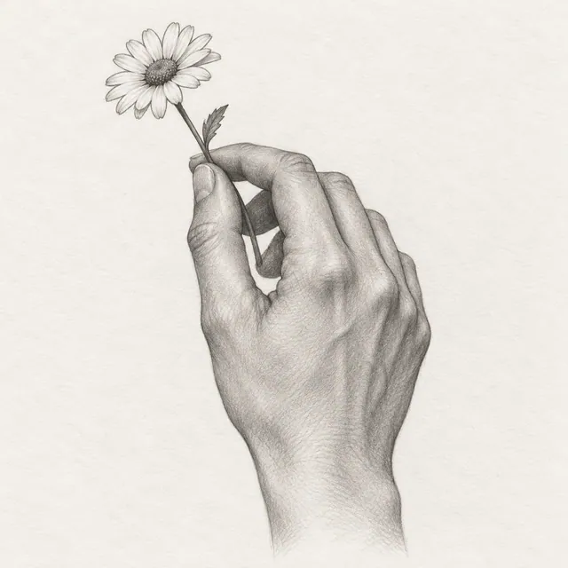 A graphite study of a hand gently holding a daisy stem, with visible joints and soft shading.