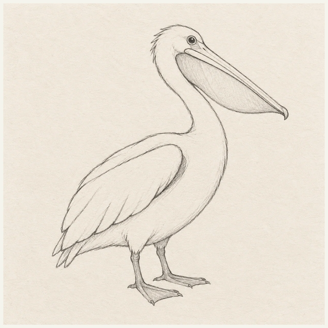Graphite sketch of pelican on textured off-white paper, with long bill and throat pouch.