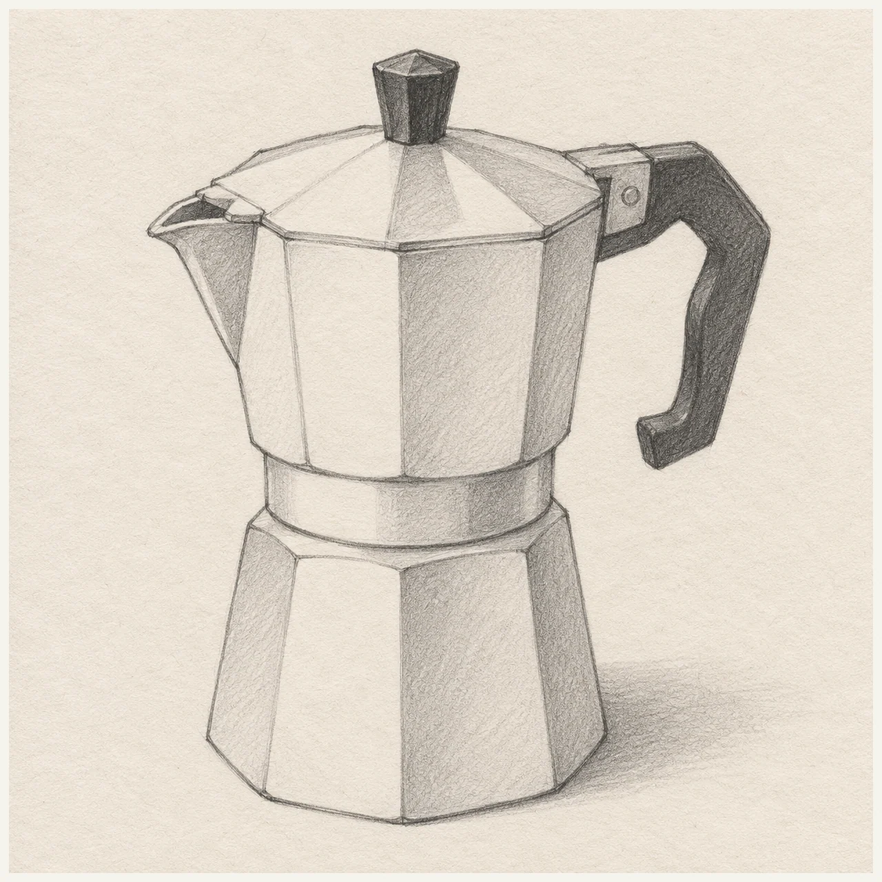 Pencil drawing of an octagonal moka pot with a closed lid, spout and dark side handle on textured paper.