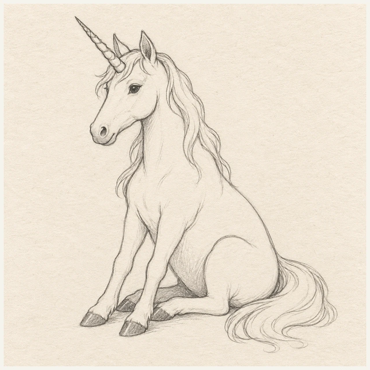 Unicorn drawn in black and gray pencil on pale cream textured sketchbook paper, with a complete silhouette and open margins.