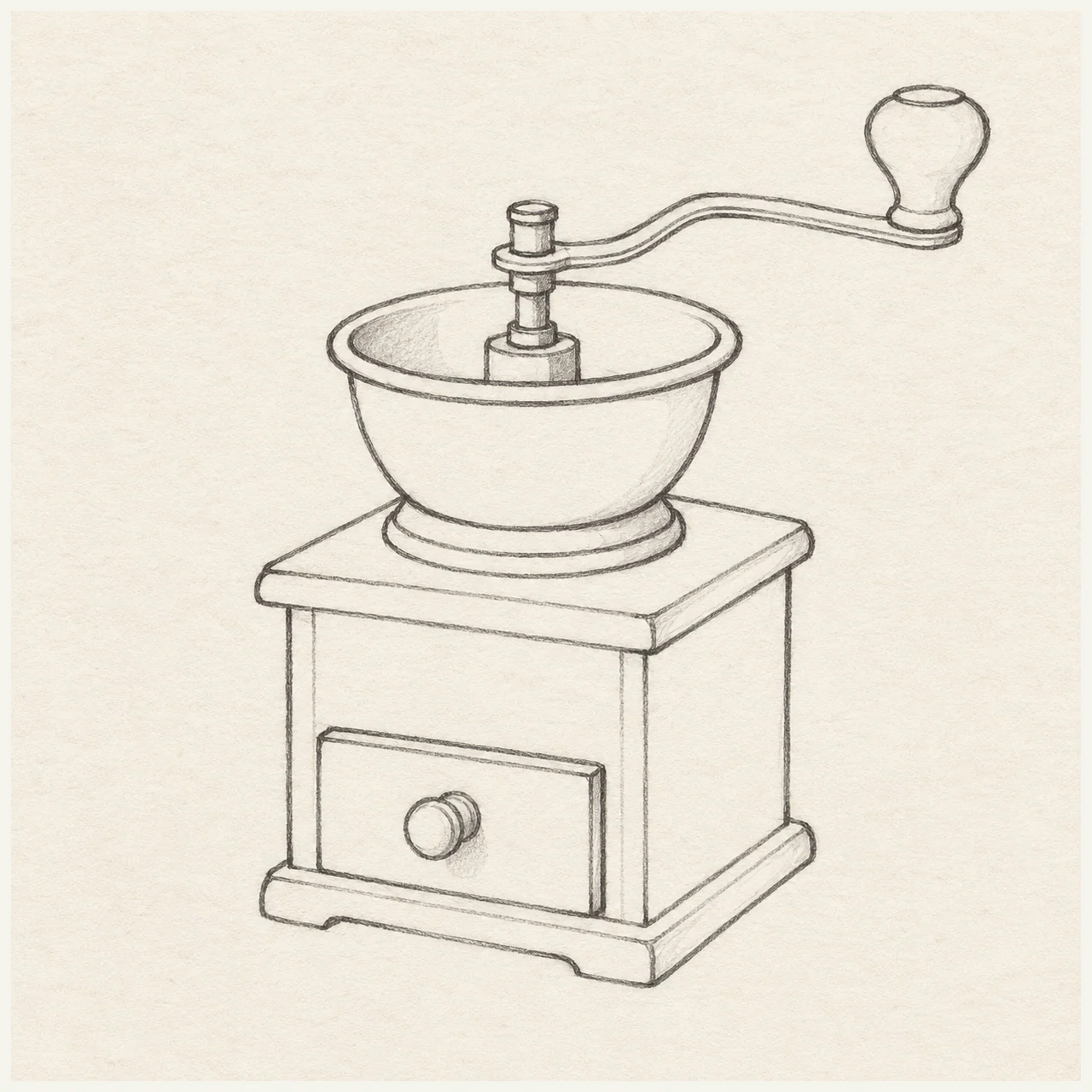 Graphite pencil drawing of a hand-cranked coffee grinder with a hopper, square base and front drawer on pale textured sketchbook paper.