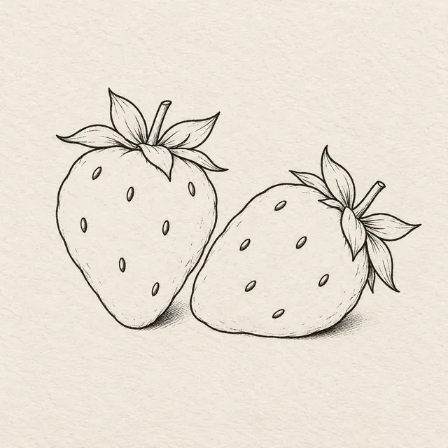 Two whole strawberries, one upright and one tilted, with leaf crowns and sparse selected seed marks. Black and gray fineliner drawing on warm textured sketchbook paper.