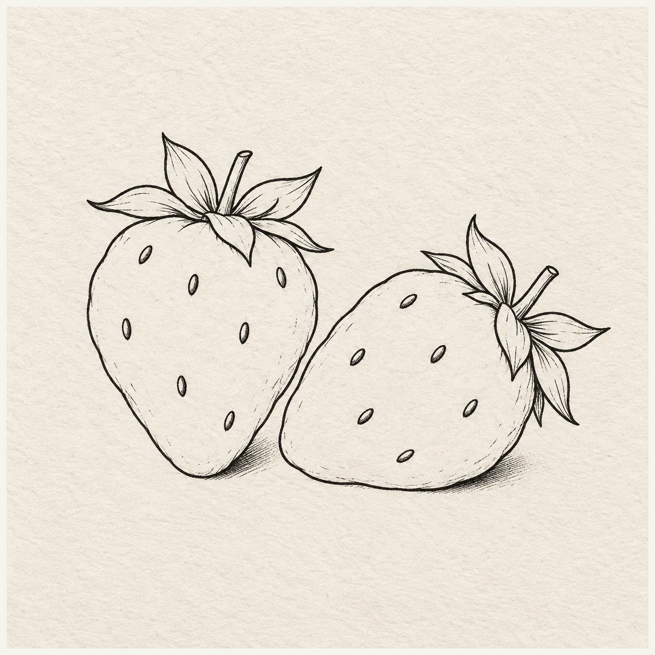 Two whole strawberries, one upright and one tilted, with leaf crowns and sparse selected seed marks. Black and gray fineliner drawing on warm textured sketchbook paper.