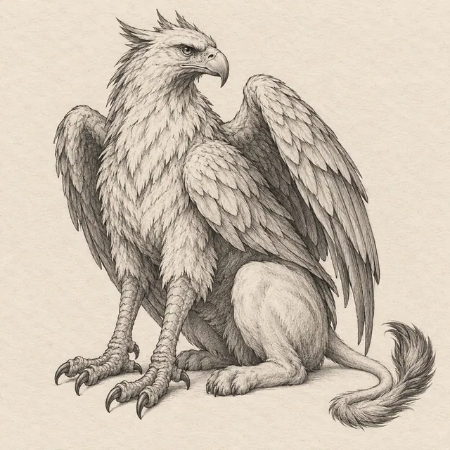 Griffin drawn in black and gray fineliner on pale cream textured sketchbook paper, with a complete silhouette and open margins.