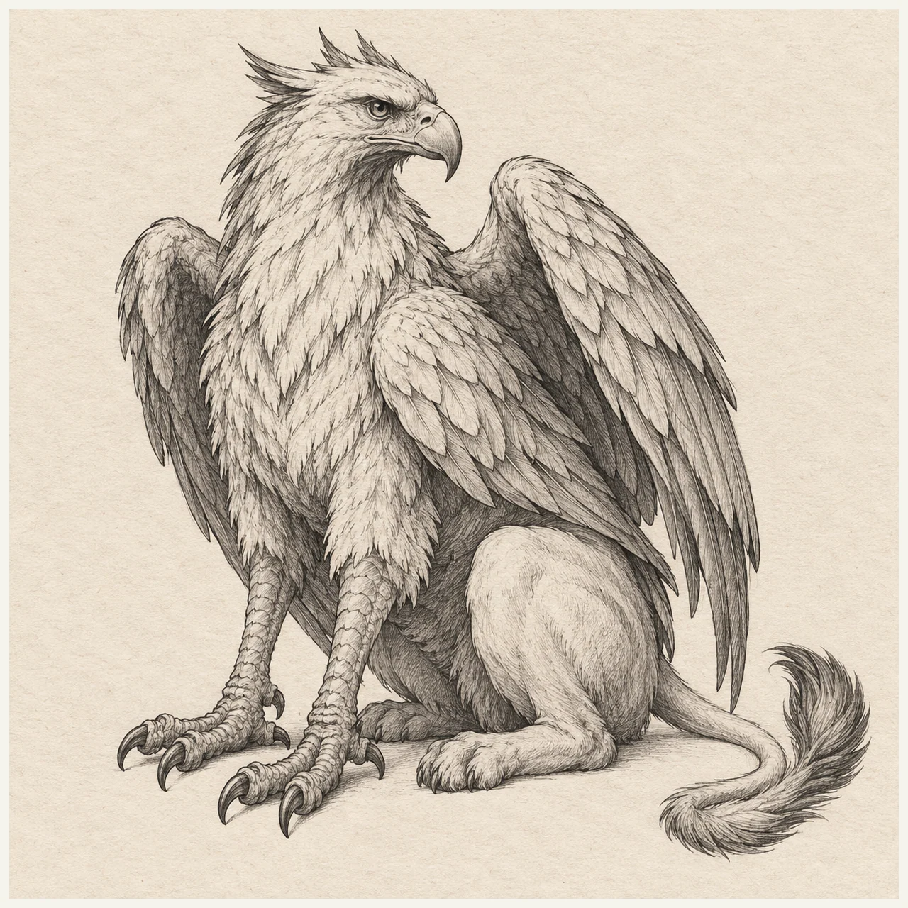 Griffin drawn in black and gray fineliner on pale cream textured sketchbook paper, with a complete silhouette and open margins.