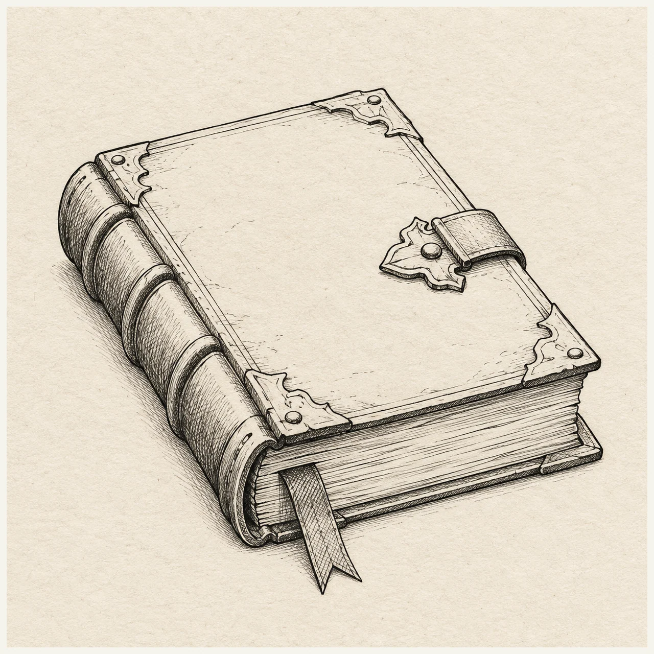 Spellbook drawn in black and gray fineliner on pale cream textured sketchbook paper, with a complete silhouette and open margins.