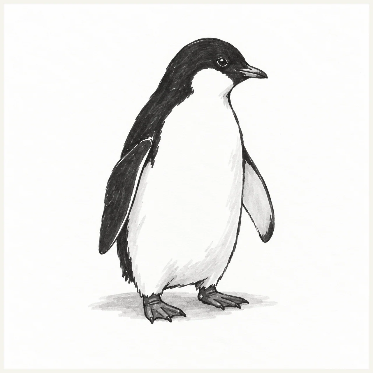 Black marker sketch of a standing penguin in three-quarter view, with a white belly, dark head and back, two flippers, and broad webbed feet.