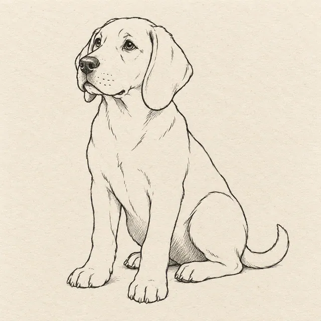 A seated floppy-eared dog in three-quarter view with a broad muzzle, two front paws, bent rear haunch and curved tail. Black and gray fineliner drawing on warm textured sketchbook paper.