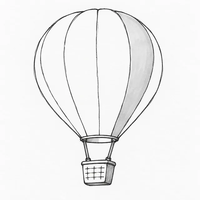 Black marker sketch of a hot air balloon with curved vertical panels, two suspension straps, a small basket, and light gray shading on one side.