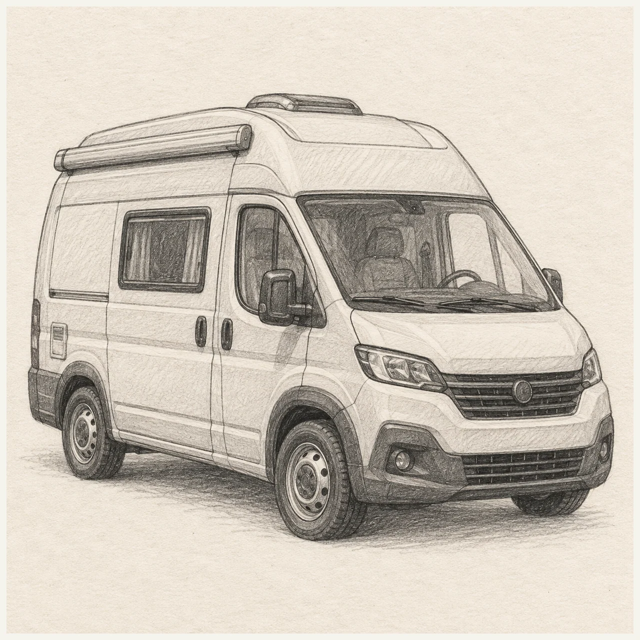 Camper van drawn in black and gray pencil on pale cream textured sketchbook paper, with a complete silhouette and open margins.