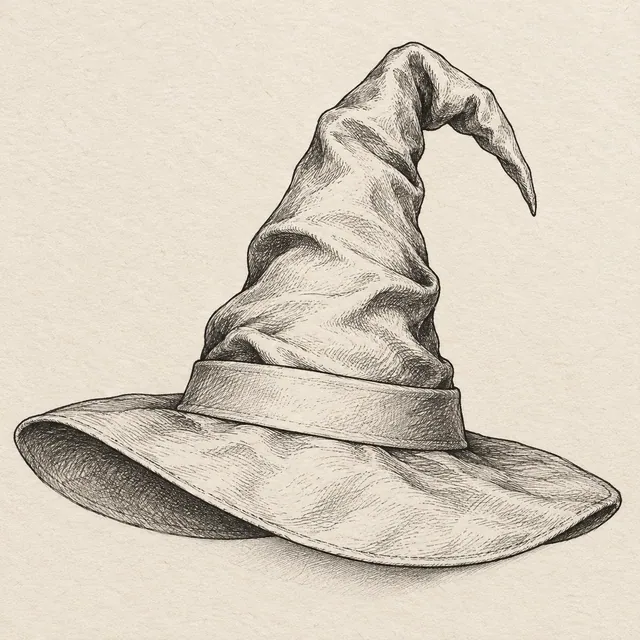 Wizard hat drawn in black and gray fineliner on pale cream textured sketchbook paper, with a complete silhouette and open margins.
