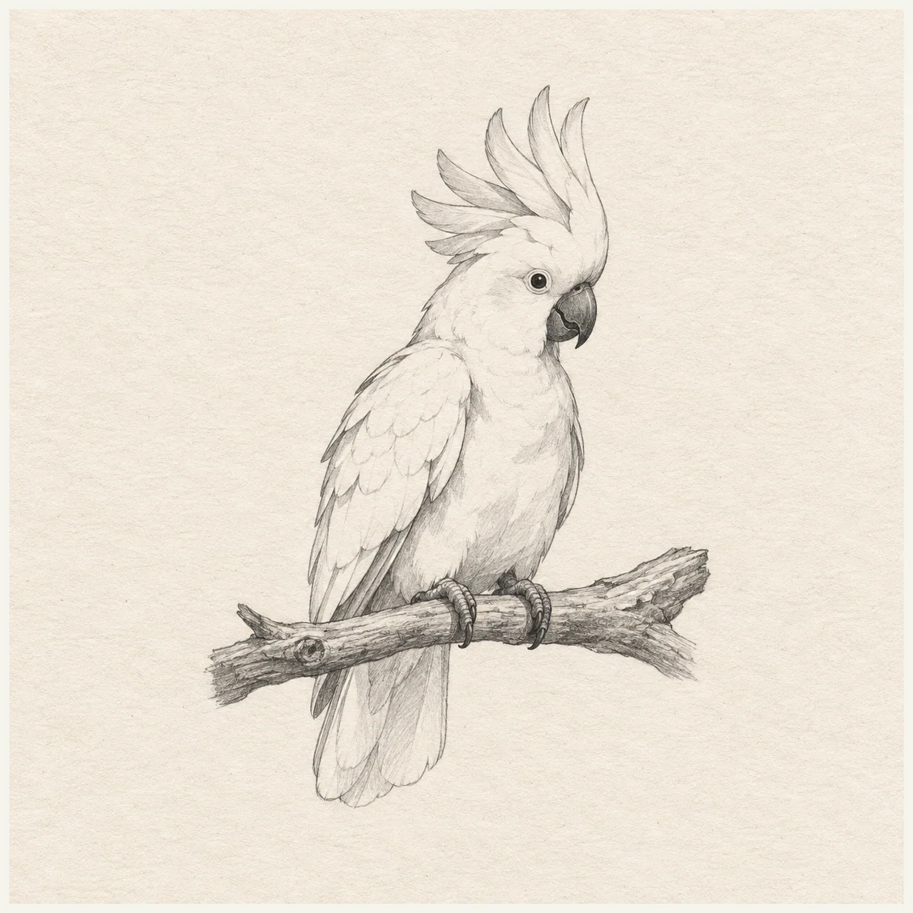 Pencil drawing of a cockatoo with a raised crest perched on a branch on textured paper.