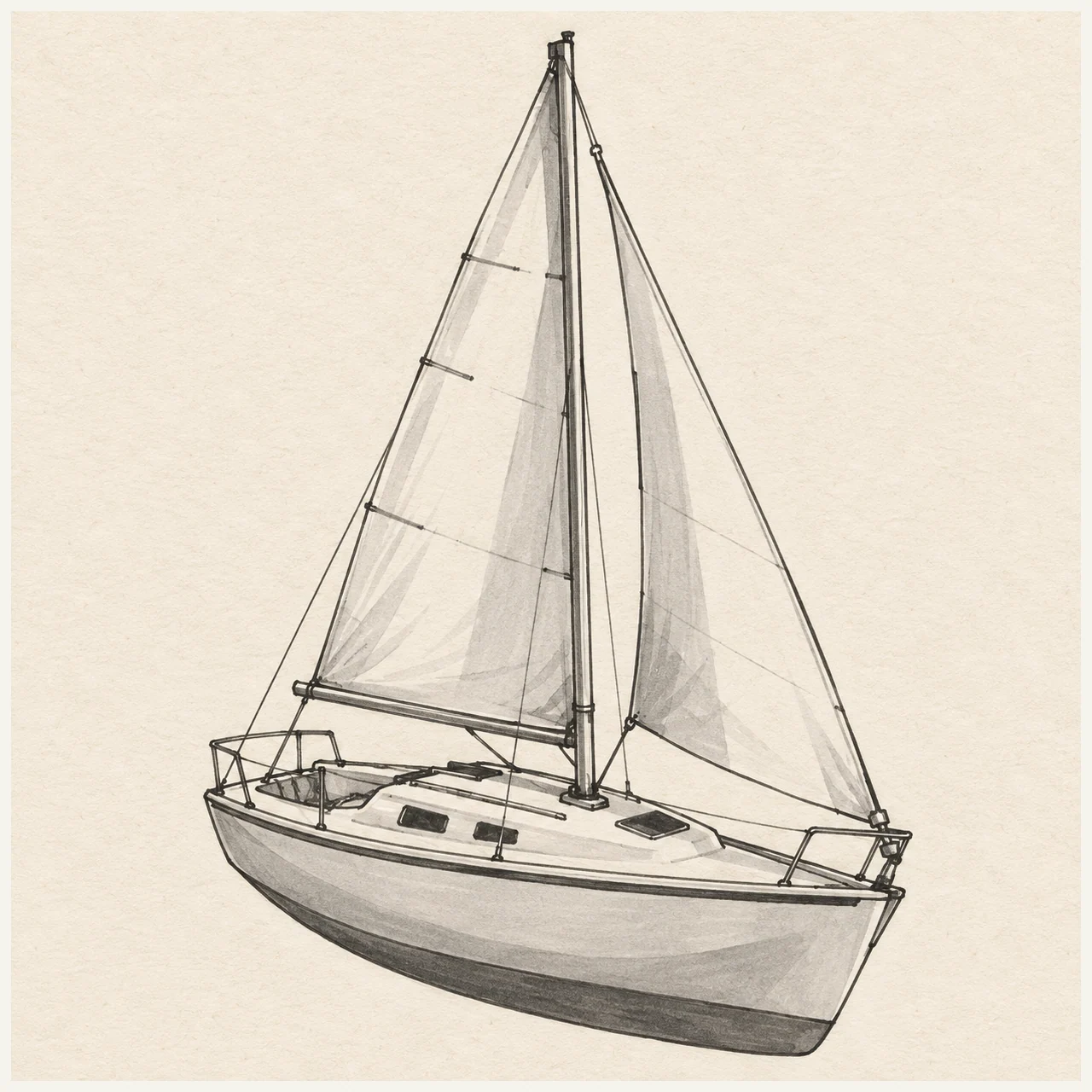 Sailboat drawn in black and gray marker on pale cream textured sketchbook paper, with a complete silhouette and open margins.