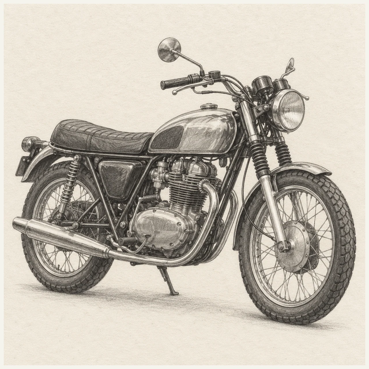 Detailed pencil drawing of a classic motorcycle with spoked wheels, an exposed engine, tank, and chrome exhaust on textured paper.