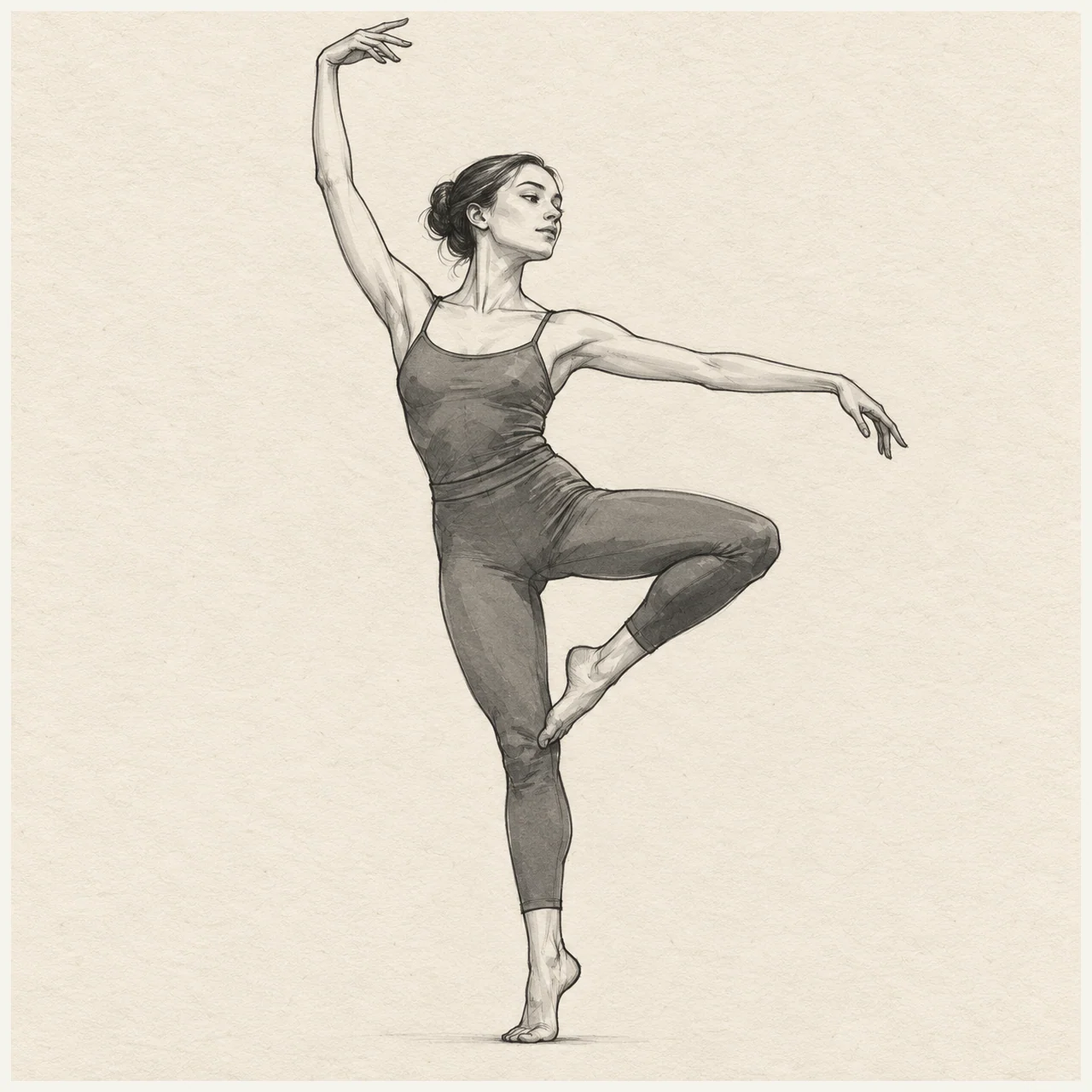 Dancer drawn in black and gray marker on pale cream textured sketchbook paper, with a complete silhouette and open margins.