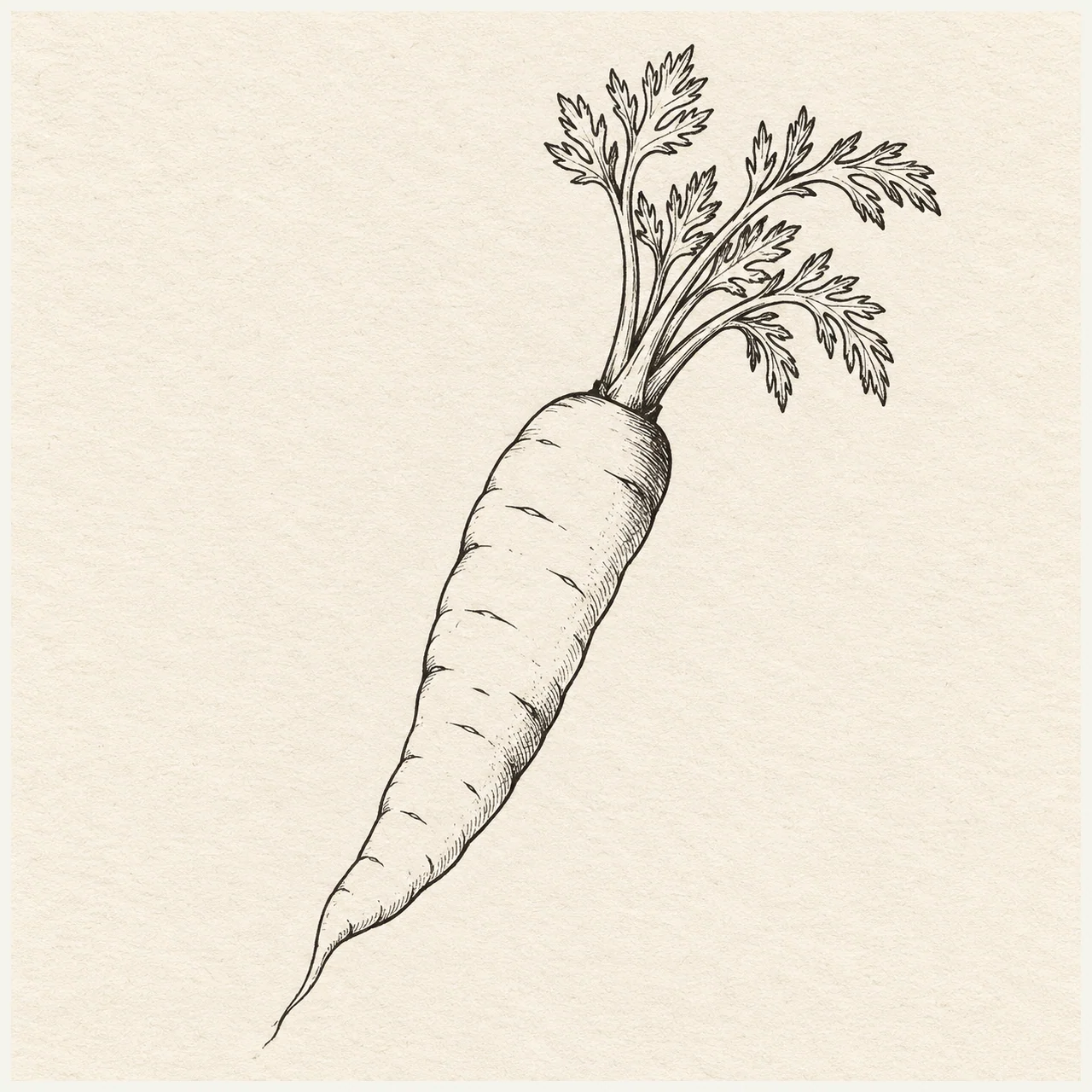 One carrot with a tapering root, slight bend and a small fan of leaves attached at the crown. Black and gray fineliner drawing on warm textured sketchbook paper.