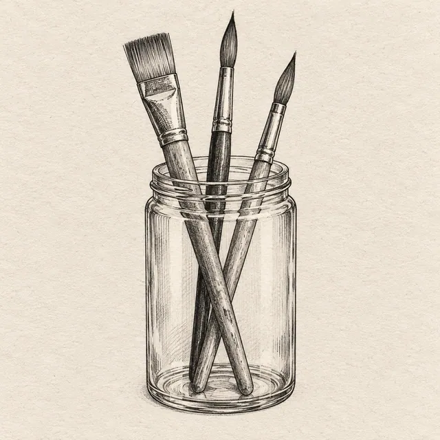 A plain cylindrical jar holding exactly three paintbrushes, one flat and two round, with their bristles visible. Black and gray fineliner drawing on warm textured sketchbook paper.