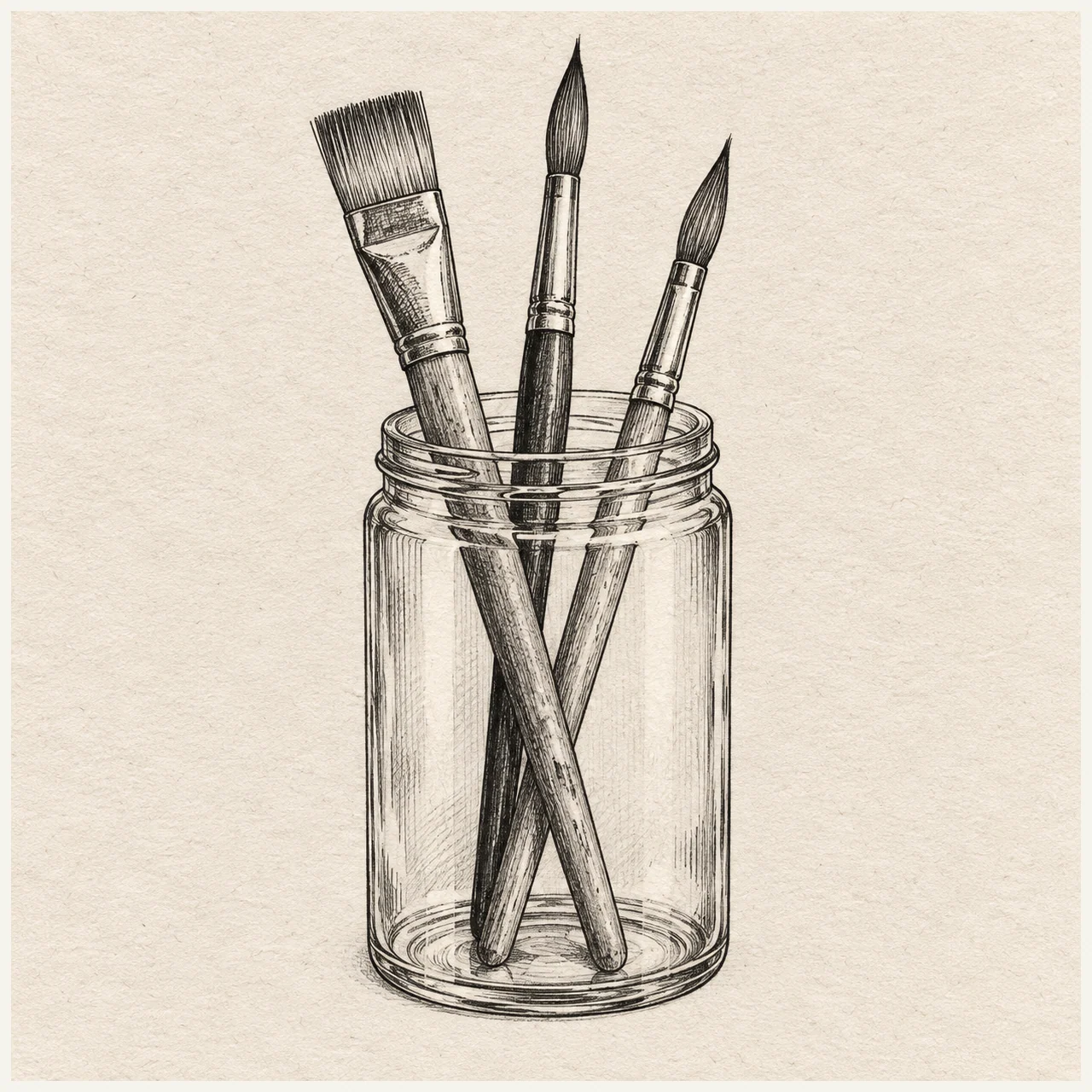 A plain cylindrical jar holding exactly three paintbrushes, one flat and two round, with their bristles visible. Black and gray fineliner drawing on warm textured sketchbook paper.
