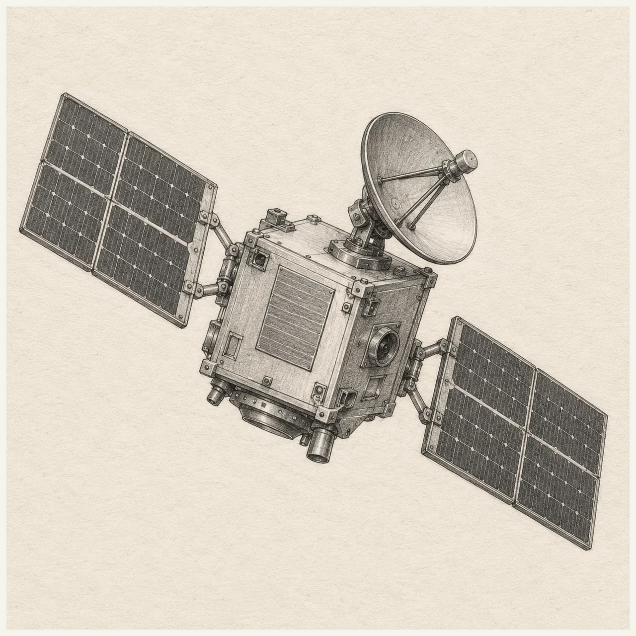 Orbital satellite drawn in black and gray pencil on pale cream textured sketchbook paper, with a complete silhouette and open margins.