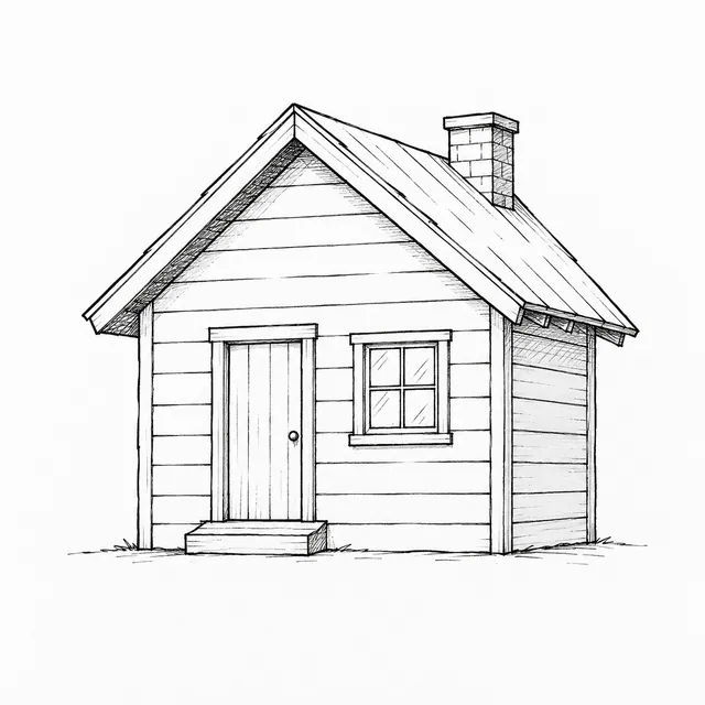 Fineliner drawing of a small wooden cabin with a gable roof, door, square window, chimney, and a few board lines.