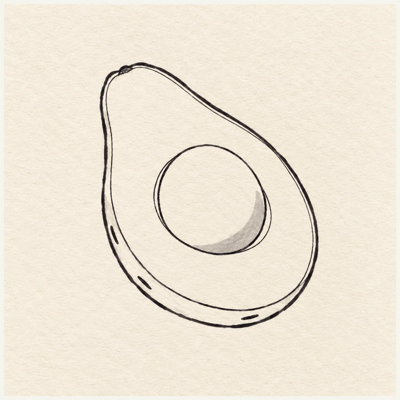 Black marker sketch of an avocado half with a round pit and a narrow rind on textured off-white paper.
