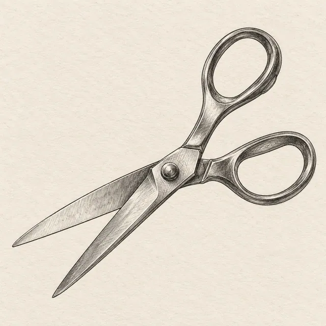 One pair of slightly open scissors, two loop handles, one pivot and two continuous blades. Black and gray fineliner drawing on warm textured sketchbook paper.