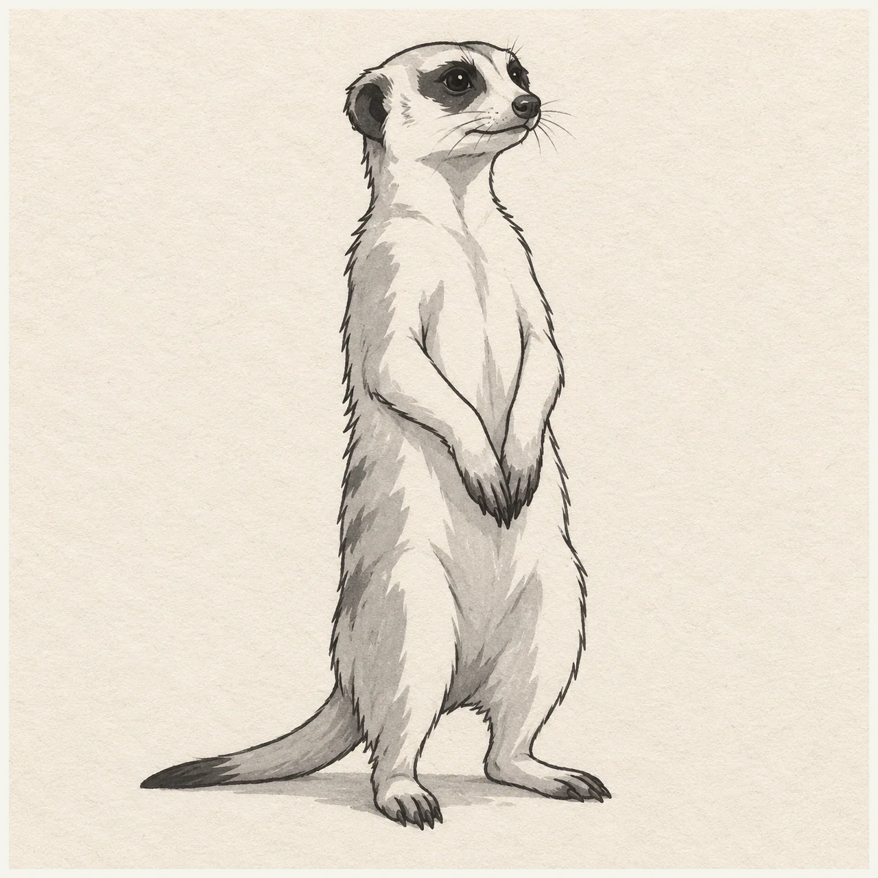 Black and gray marker drawing of an upright meerkat with folded forepaws, planted feet, dark eye patches and a long low tail on textured sketchbook paper.