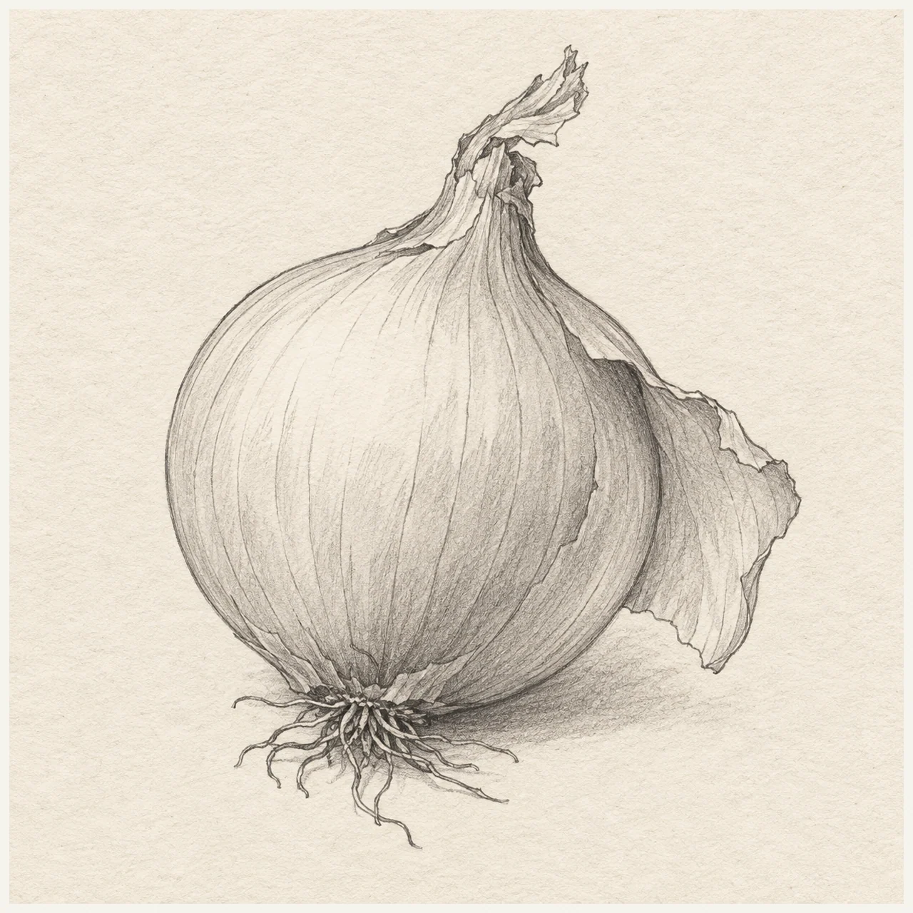 Graphite drawing of an onion with a peeling papery flap, dried neck, fine roots and curved skin lines on pale textured paper.