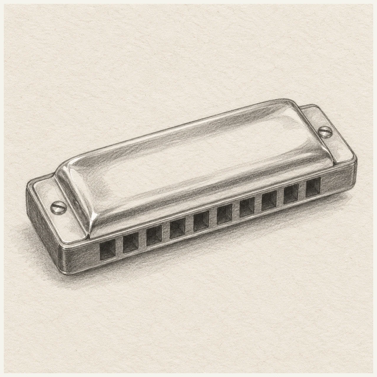 Pencil drawing of a ten-hole harmonica in perspective with a rounded metal cover on textured paper.