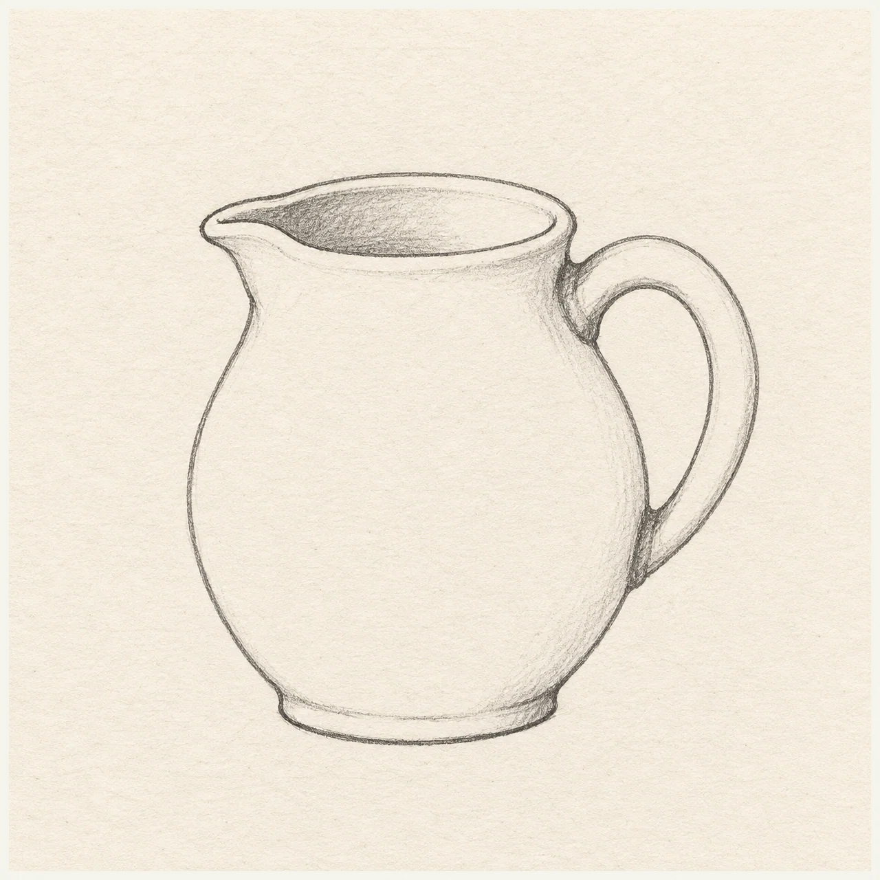 Graphite sketch of ceramic jug on textured off-white paper, with vessel ellipse and pinched rim.