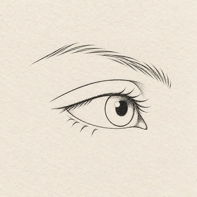 Human eye drawn in black and gray fineliner on pale cream textured sketchbook paper, with a complete silhouette and open margins.