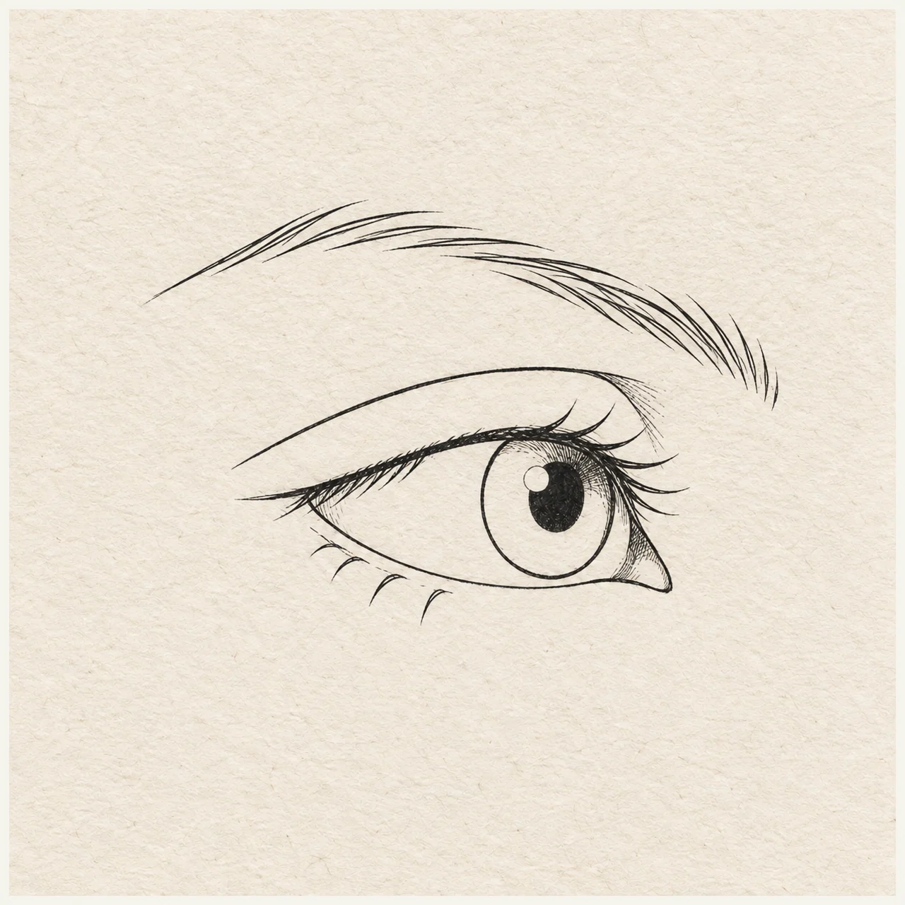 Human eye drawn in black and gray fineliner on pale cream textured sketchbook paper, with a complete silhouette and open margins.