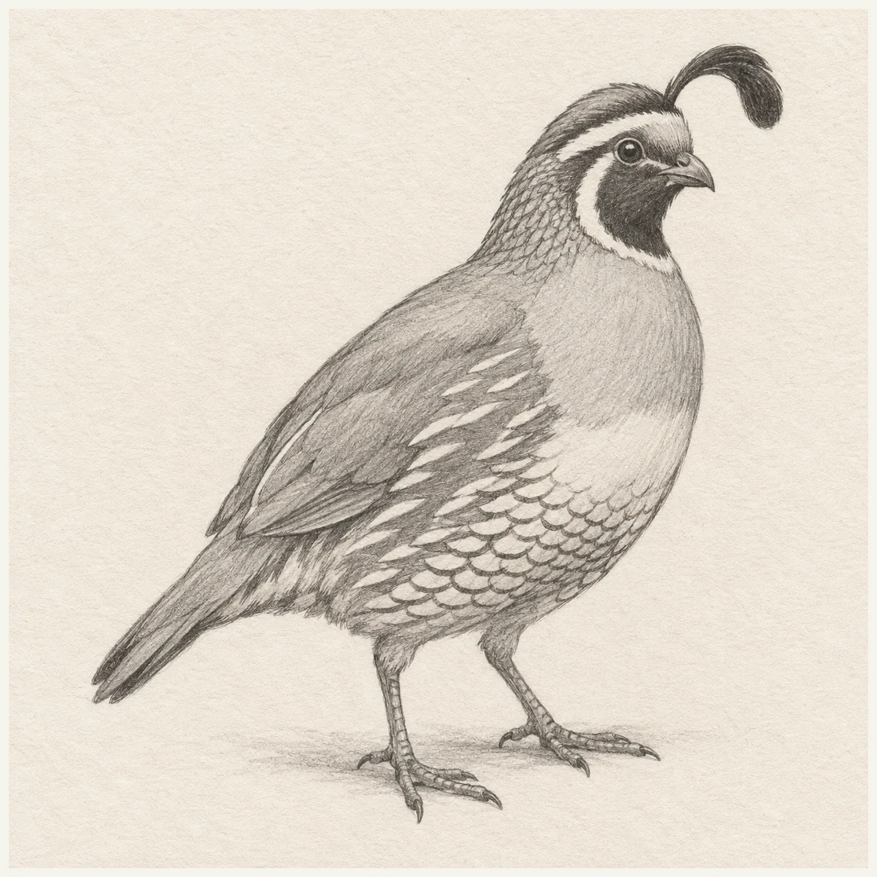 Pencil drawing of a California quail with a curved topknot, folded wing and scalloped belly markings on textured paper.