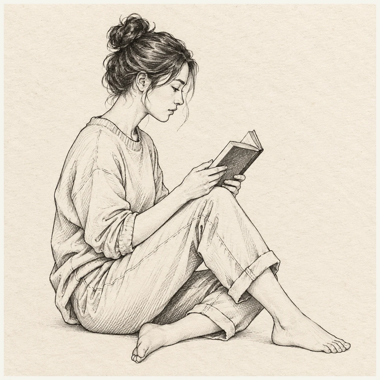 Person reading drawn in black and gray fineliner on pale cream textured sketchbook paper, with a complete silhouette and open margins.