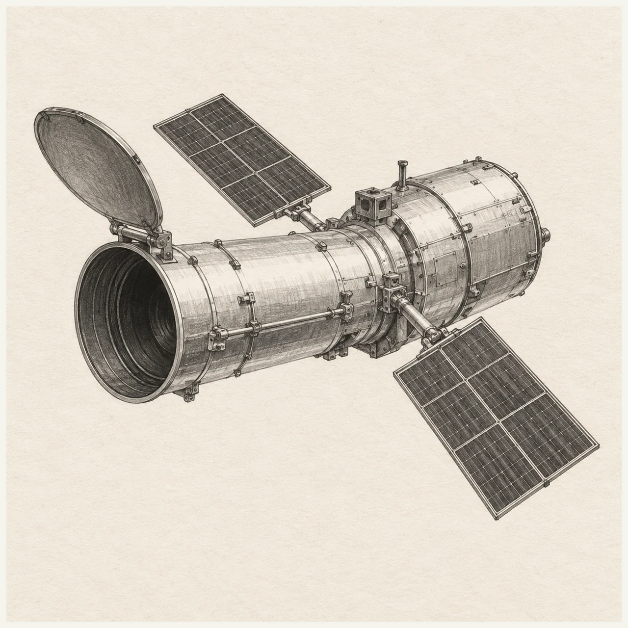 Orbiting space telescope with an open optical tube and two solar panels drawn in pencil on warm textured paper.