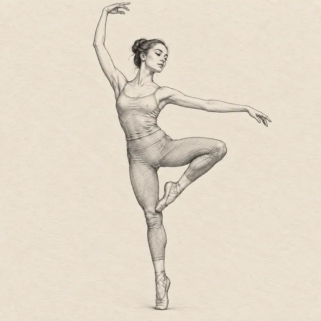 Dancer drawn in black and gray fineliner on pale cream textured sketchbook paper, with a complete silhouette and open margins.