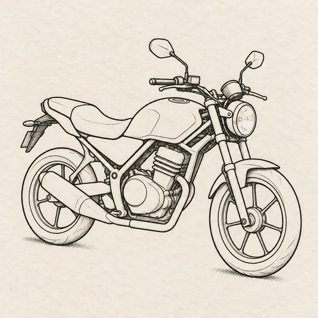 Motorcycle drawn in black and gray fineliner on pale cream textured sketchbook paper, with a complete silhouette and open margins.