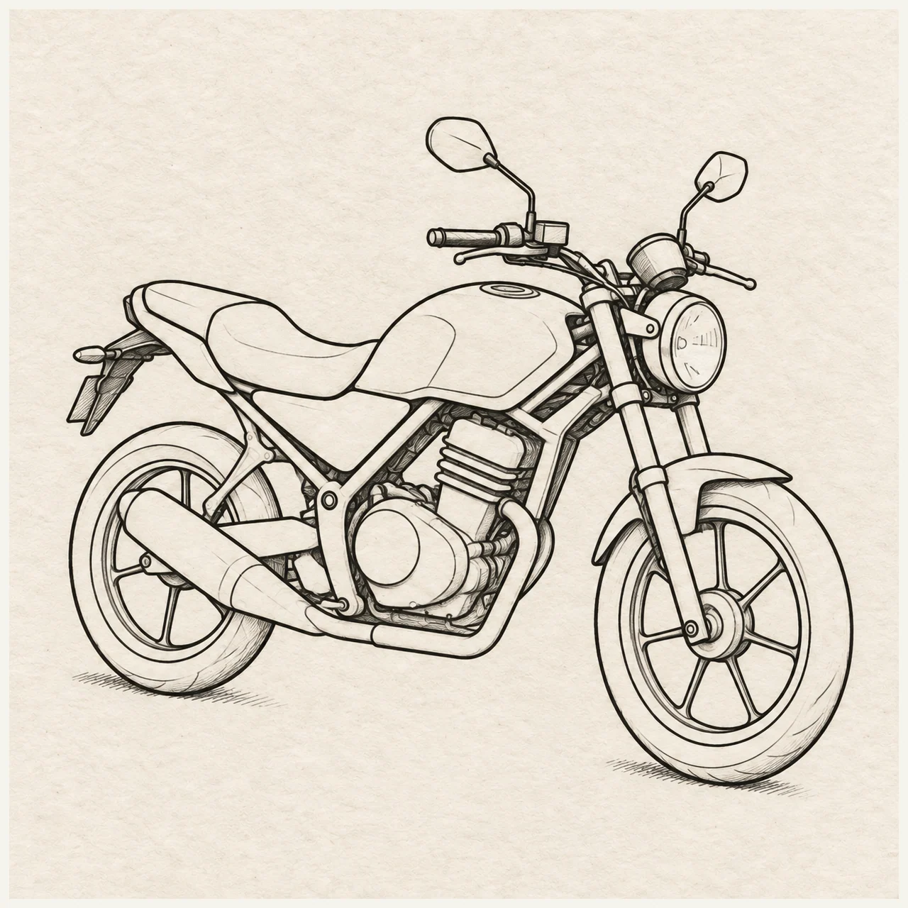 Motorcycle drawn in black and gray fineliner on pale cream textured sketchbook paper, with a complete silhouette and open margins.