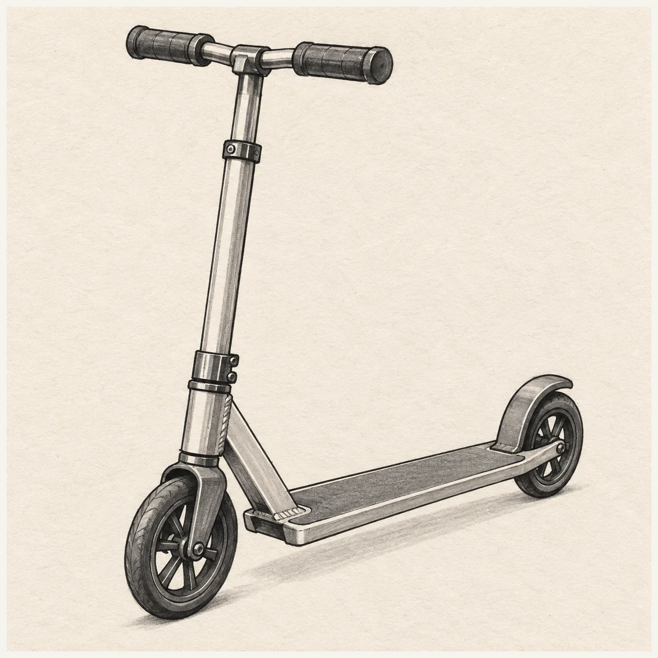 Kick scooter drawn in black and gray marker on pale cream textured sketchbook paper, with a complete silhouette and open margins.